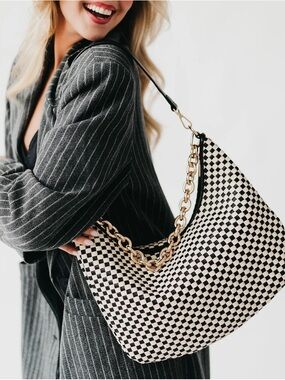 Sienna Slouchy Black & White Checker Shoulder Bag with Gold Chain